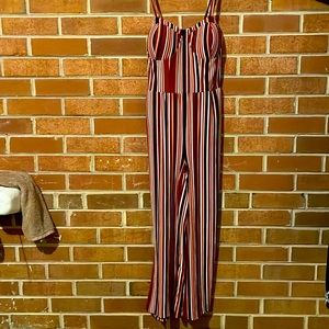 Small,jumpsuit,navy blue, white, red and pink cupped top. Spaghetti straps